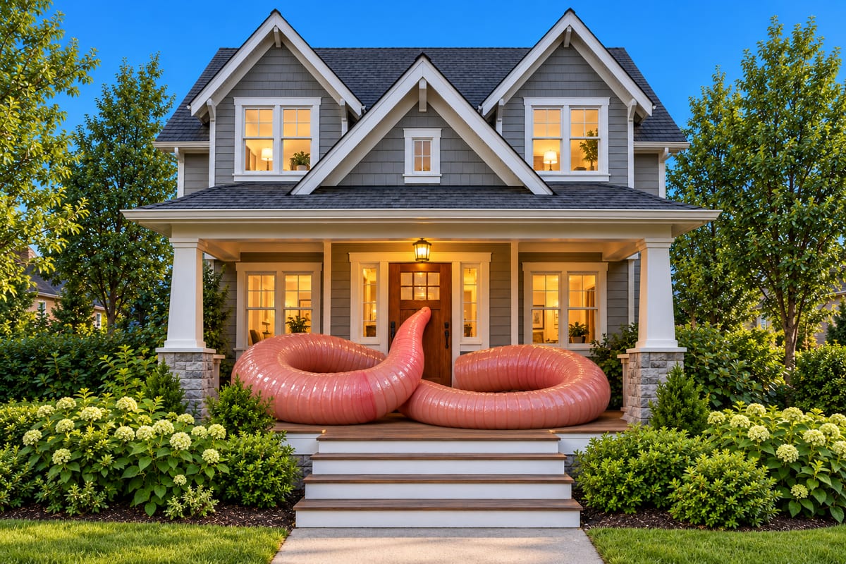 Houseworming rests in a loose curl on the front porch, with darker pink rings along a thick body and no visible eyes, limbs, clothing or accessories.