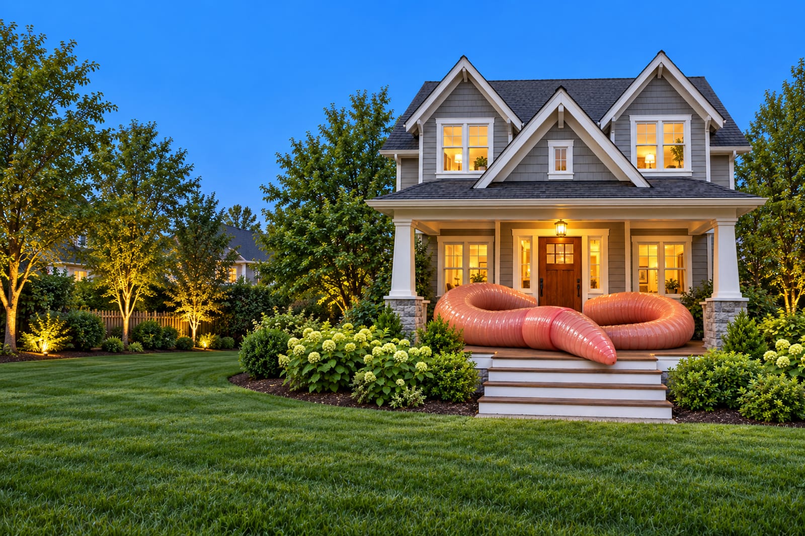 An oversized pink earthworm curled across the porch of a photorealistic two-story gray house with white trim, a steep gabled roof, warmly lit windows, a wooden front door, porch steps and green shrubs beneath a blue sky.